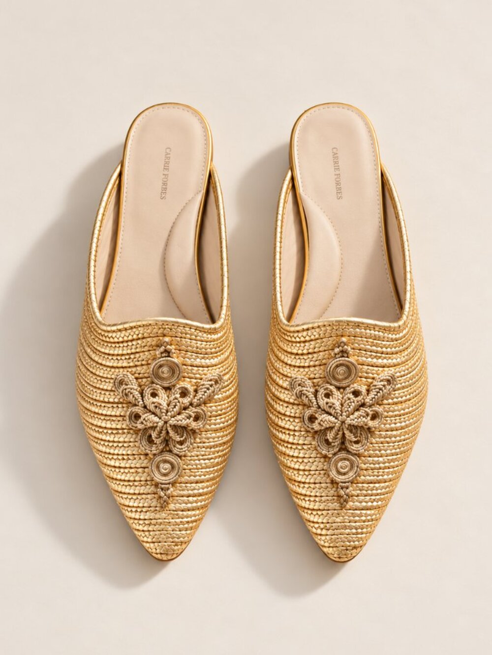 CARRIE FORBES Metallic Gold Woven Raffia Mules Designer Boho Resortwear